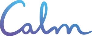 "Calm logo in blue gradient cursive, representing meditation and relaxation brand."